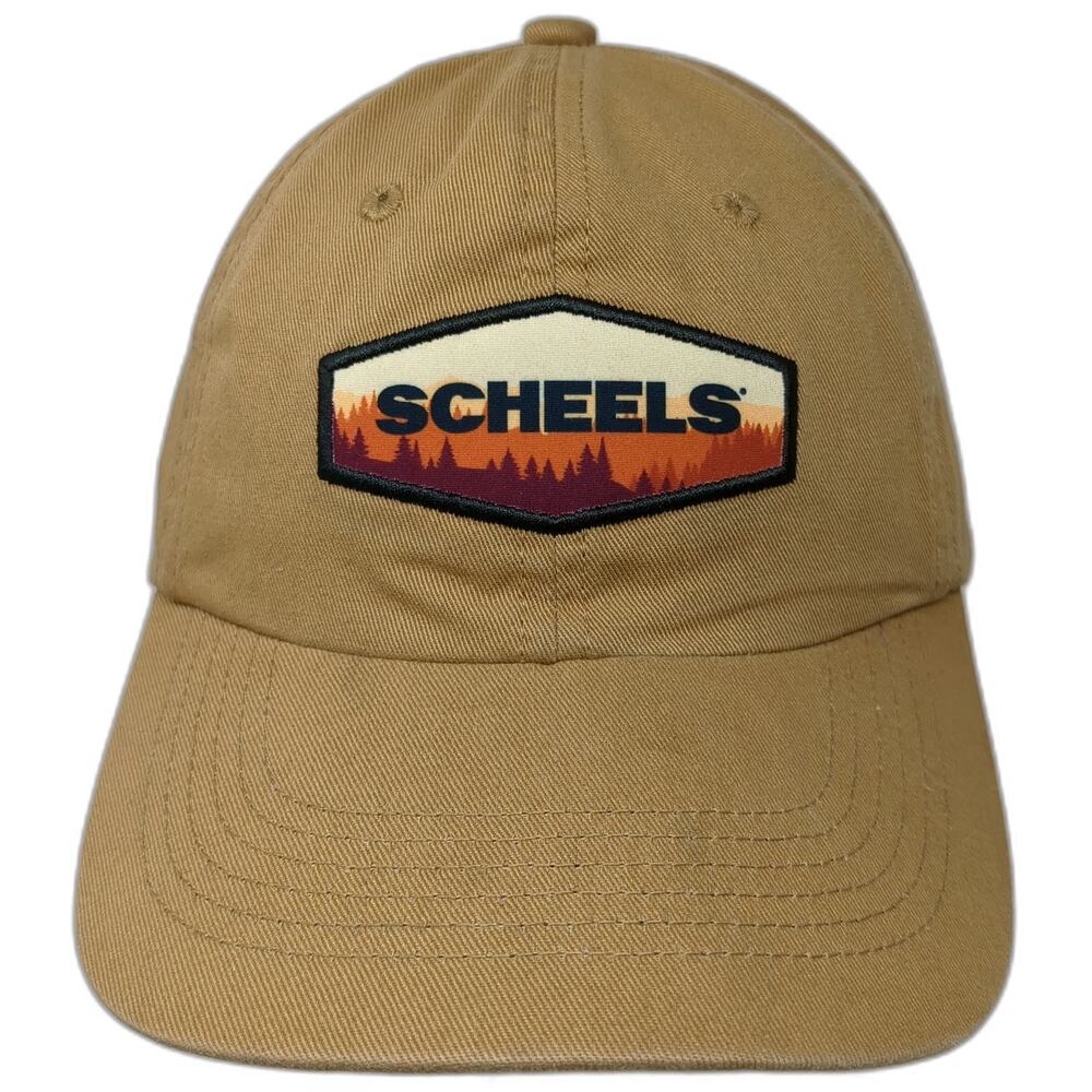 Scheels Snapback Hat Brown One Size Sunset Forest Landscape Patch Adjustable